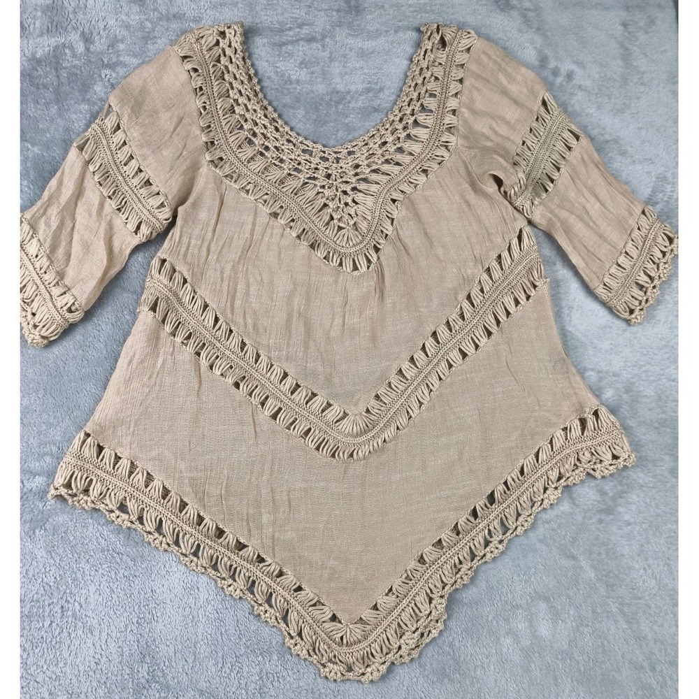 Metrial Beige Crochet Trim Fringe Boho Peasant Top Women's XL